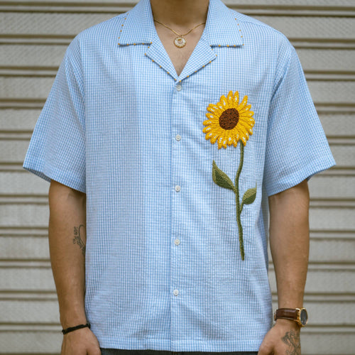 Sunflower check shirt – Cuban collar with contrast stitching and shell buttons detail
