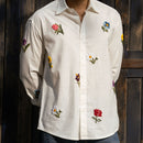 Valley of Blooms shirt front with sea shell buttons and scattered floral embroidery