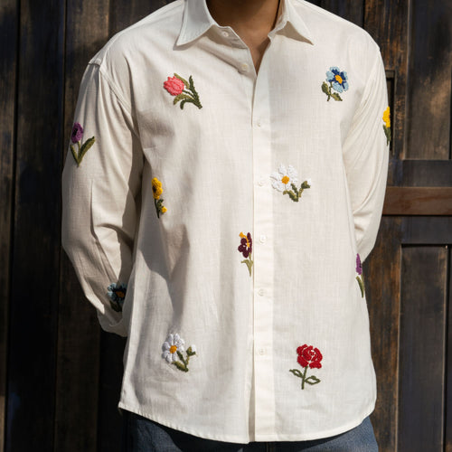 Valley of Blooms shirt front with sea shell buttons and scattered floral embroidery
