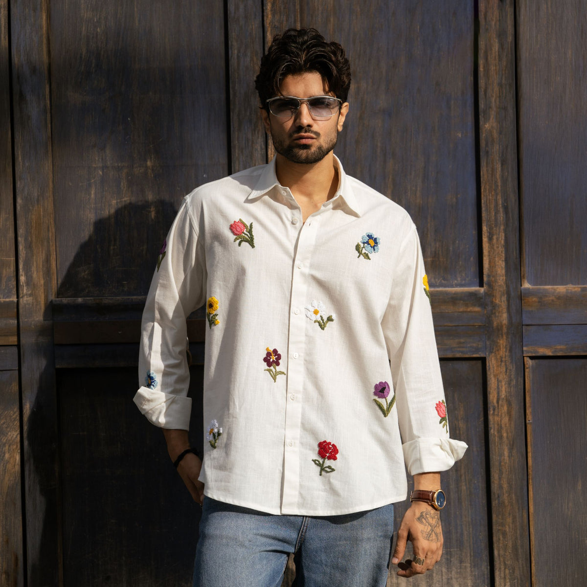 Valley of Blooms Shirt — French Knots, White Cotton-Linen