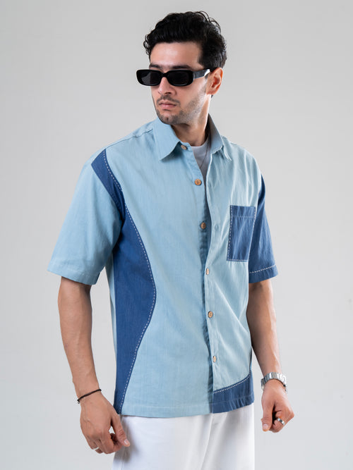 Blue Cotton Half Sleeve Patch work Shirt | For Men